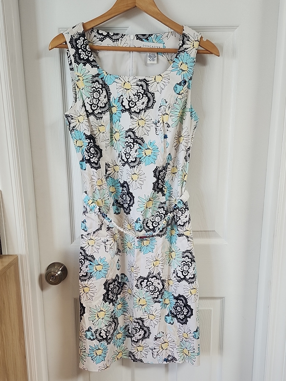Doncaster White Floral Sheath Dress with Blue and Yellow Blooms